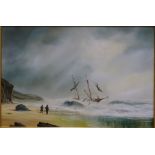 Arthur Read TWO-MASTED SCHOONER IN THE SURF AND FIGURES ON THE BEACH Signed oil on canvas, 61 x