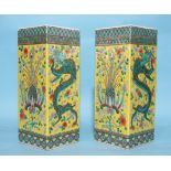 A fine pair of unusual late-19th century Chinese famille verte dragon and bird vases of square