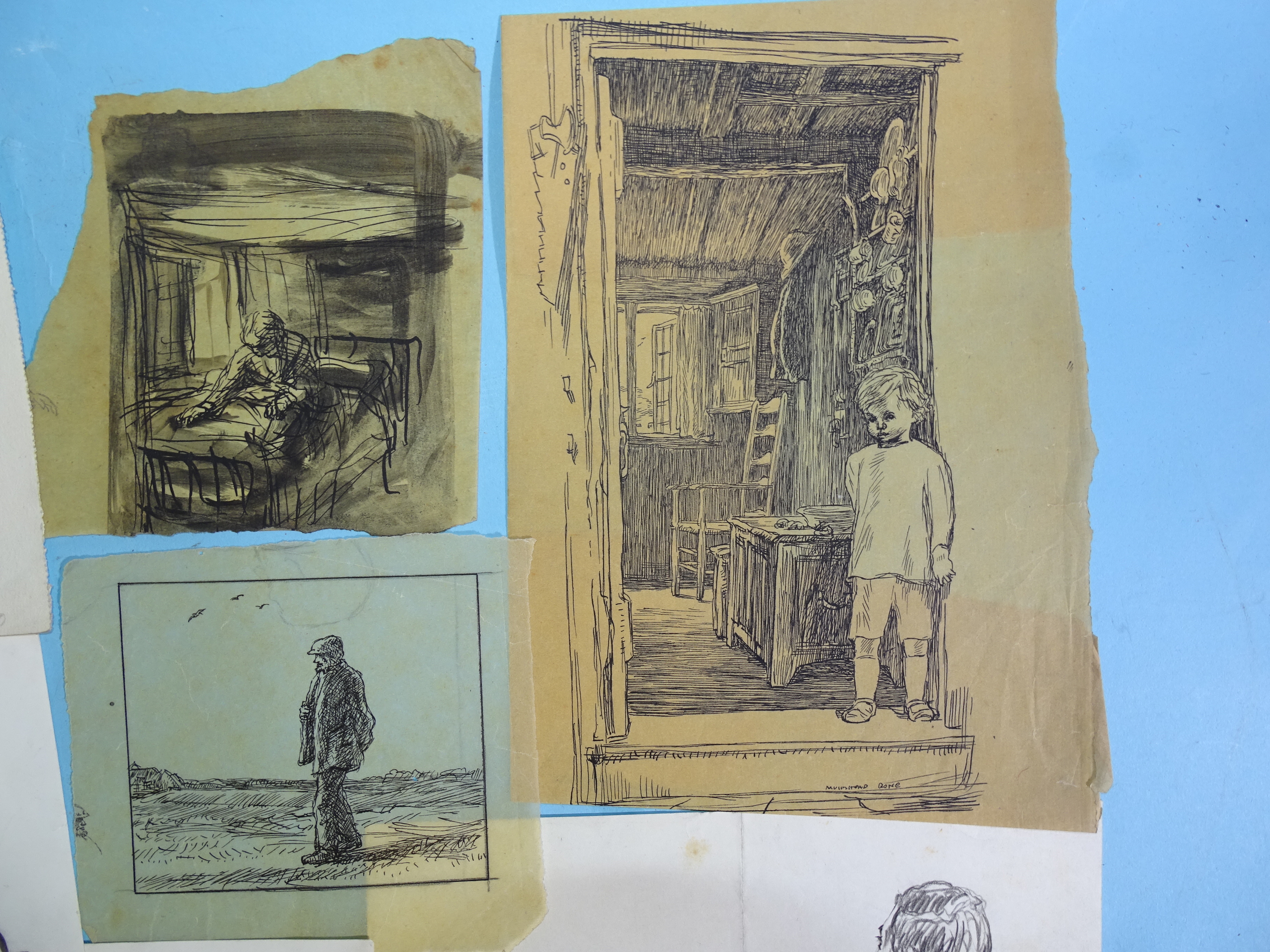 Study of a young boy beside a doorway, signed, pen and ink drawing on tinted tracing paper, 24. - Bild 2 aus 2