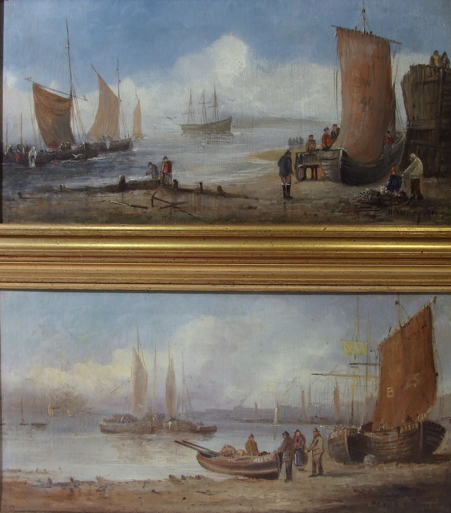 William Crossley FISHING BOATS AND FISHERMAN ON A SHORELINE Signed oil on canvas, dated 1900, 19.5 x