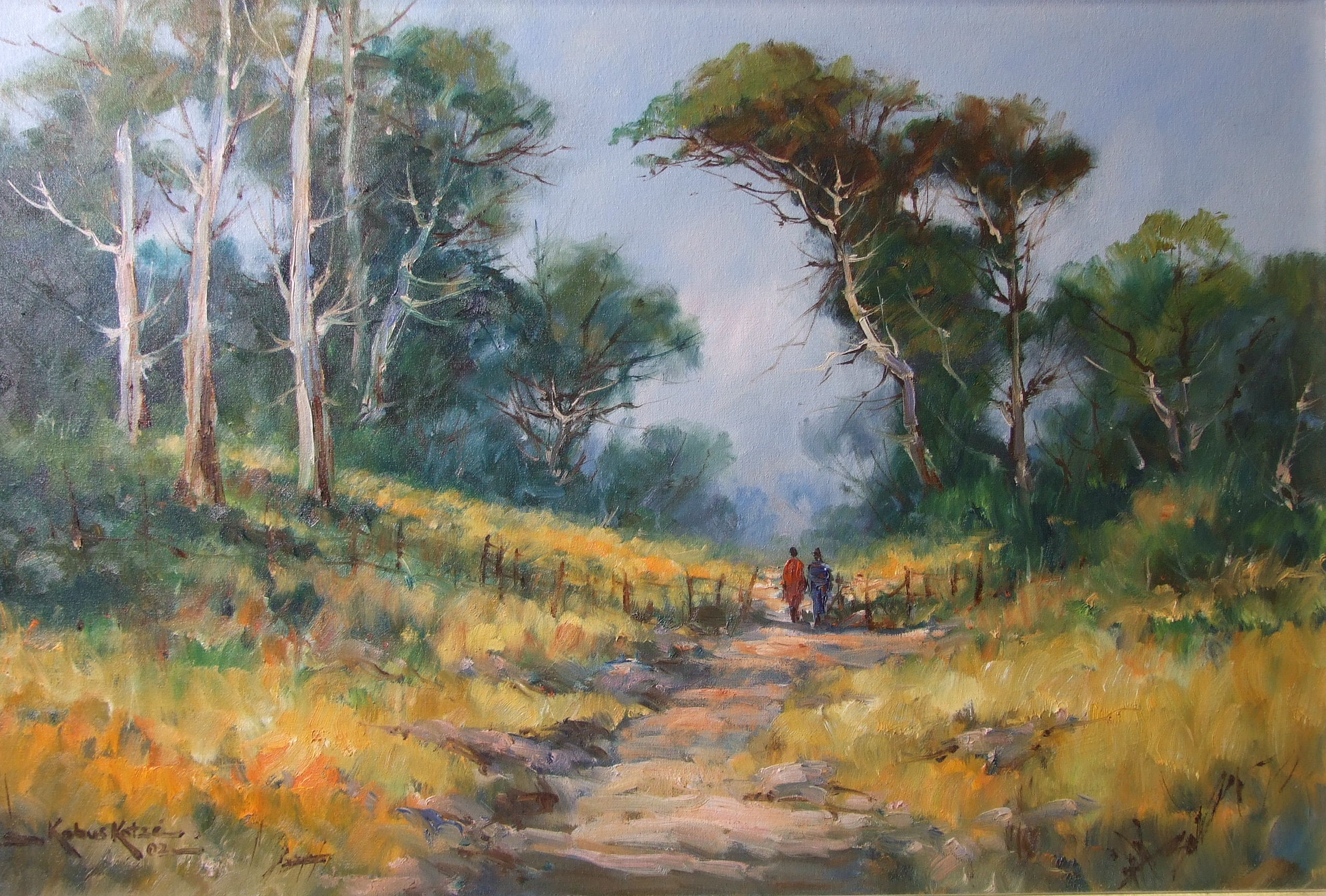 Kobus Petrus Kotzé (South African, b.1938) FIGURES ON A SUNLIT PATH Signed oil on canvas, dated '