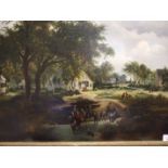 Style of Meindert Hobbema DUTCH LANDSCAPE WITH FIGURES AND VILLAGE BEYOND Oil on canvas, 80 x 105cm.