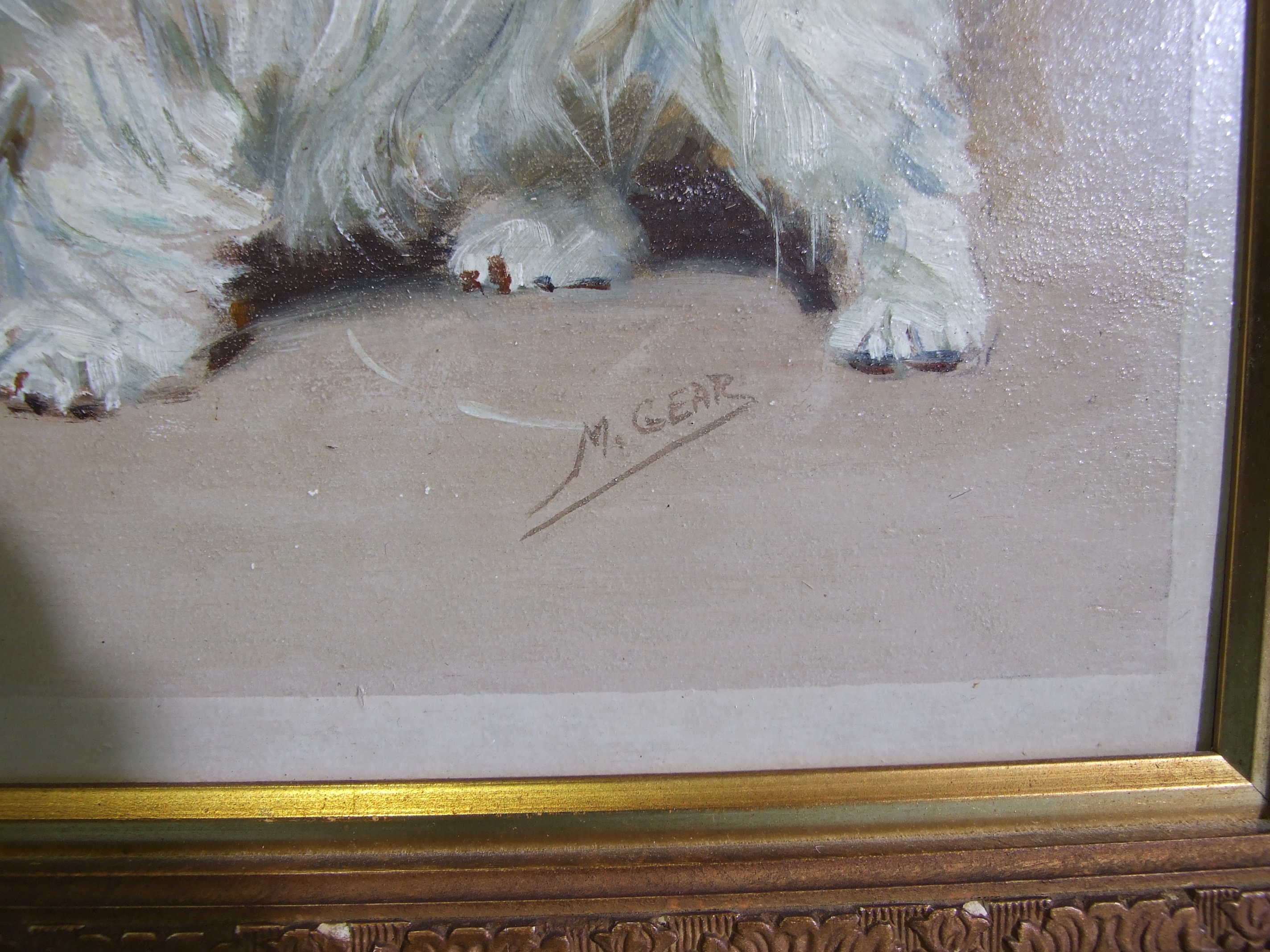 Mabel Gear (1898-1987) TWO SEALYHAM TERRIERS TETHERED IN A BARN Signed oil on board, 29 x 38cm. - Bild 3 aus 4