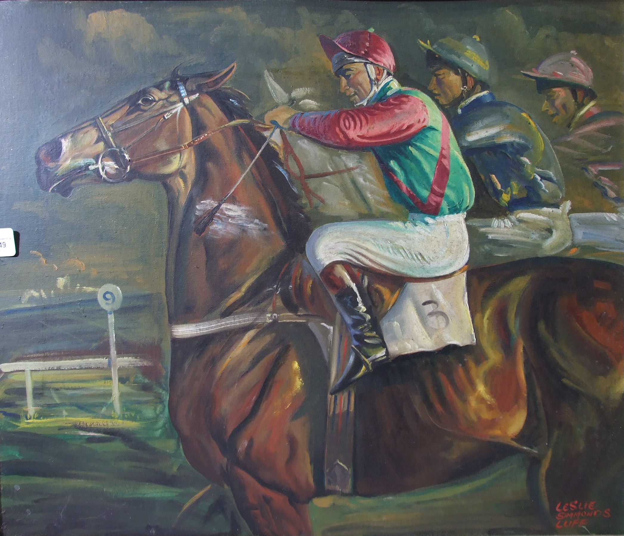 Leslie Simmonds Luff (20th century) STUDY OF THREE JOCKEYS AND THEIR MOUNTS AT THE START OF A