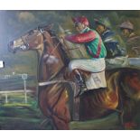 Leslie Simmonds Luff (20th century) STUDY OF THREE JOCKEYS AND THEIR MOUNTS AT THE START OF A