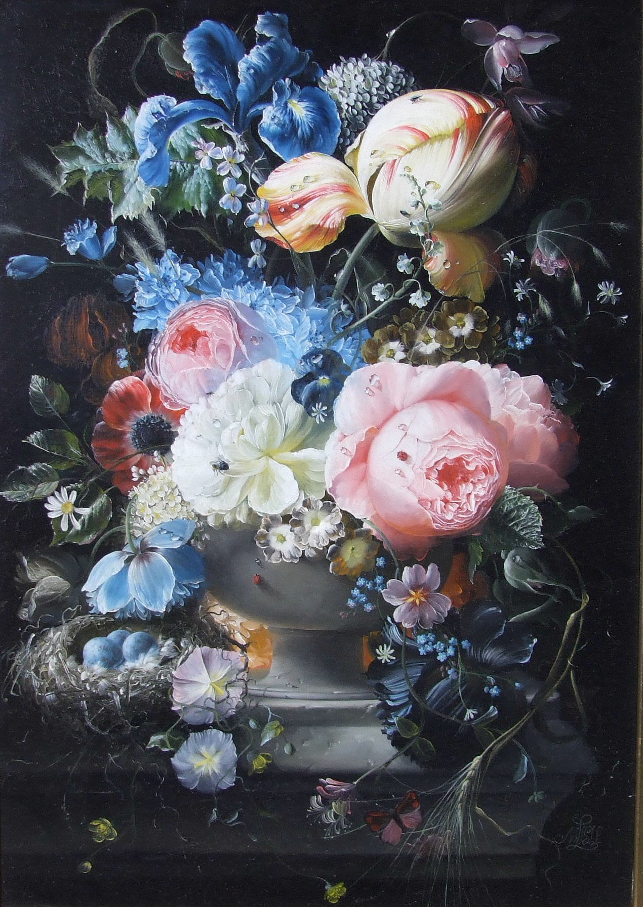 Margaret Lisle (British, b.1942) STILL LIFE, VASE OF FLOWERS, WITH INSECTS AND BIRD'S NEST