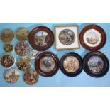 A large group of 19th century pratt ware printed pot lids, including Chin Chew River, Thames