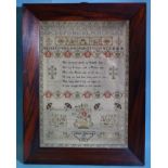 A Victorian sampler by Adelaide Underwood, 1846, with alphabets, verse, butterflies, animals,