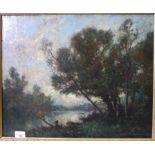 In the style of Jean-Baptiste-Camille Corot FIGURES BENEATH TREES BY A RIVER Oil on canvas, 46 x