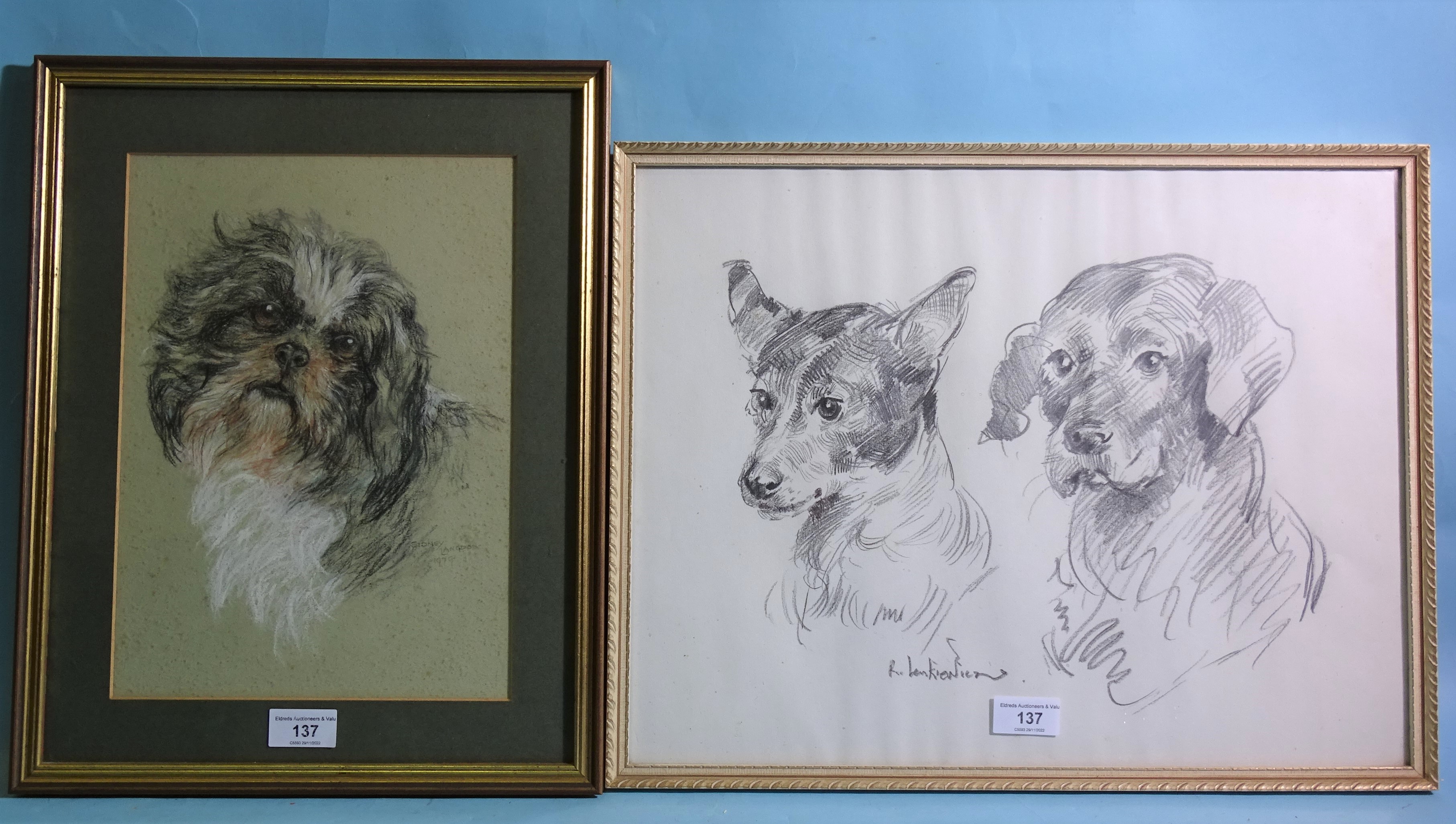 Robert Oscar Lenkiewicz (1941-2002) STUDY OF TWO DOGS Signed pencil sketch, 35 x 45cm and a pastel