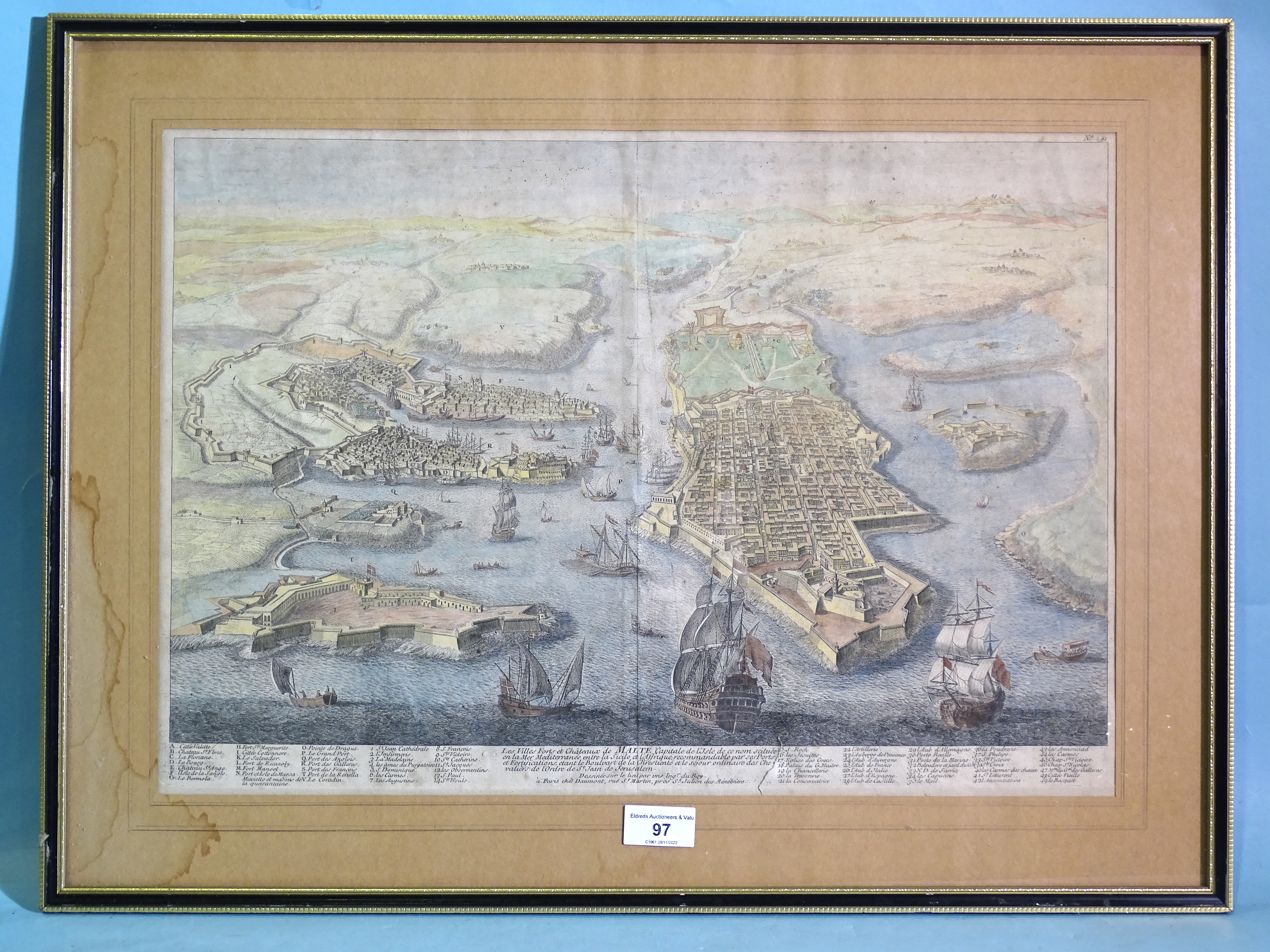 A coloured 18th century engraving 'Map of the Port of Malta, Its Fortifications and the Castle',