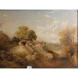 Charles Edward Brittan Snr (1837-1888) SHEEP AND LAMBS BESIDE A RIVER Signed oil on panel, dated '