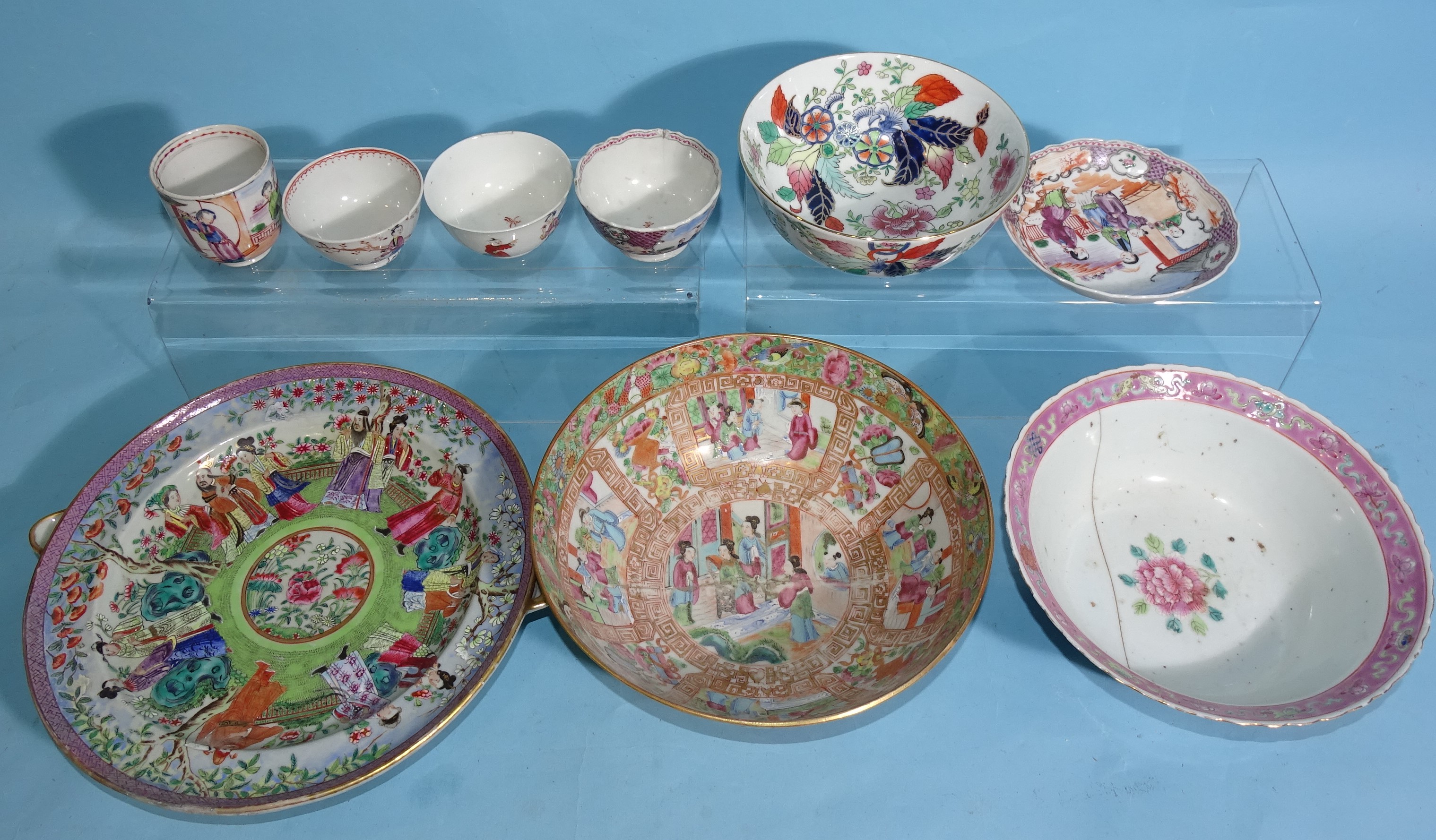 A 19th century Chinese famille rose warming dish, (restored), a small Cantonese bowl, (a/f) and - Image 2 of 7