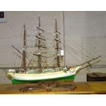 A model of a three-masted barque, with standing and running rigging, anchor and ship's boats, 55 x