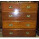 An early-20th century stained wood two-part military chest of two short and three long drawers, 91cm