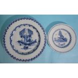 A large 18th century English Delft blue and white chinoiserie dish, 34cm diameter and a similar