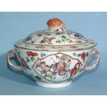 An early-19th century Chinese famille rose-covered bowl with branch handle and pinecone finial