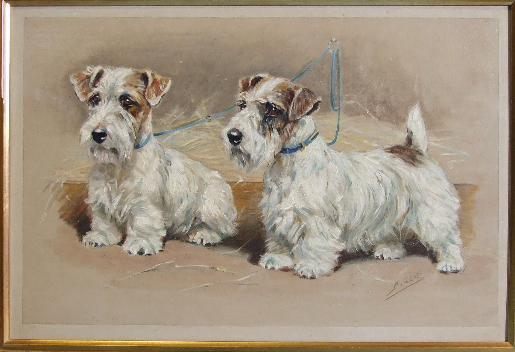 Mabel Gear (1898-1987) TWO SEALYHAM TERRIERS TETHERED IN A BARN Signed oil on board, 29 x 38cm.