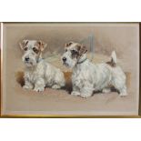 Mabel Gear (1898-1987) TWO SEALYHAM TERRIERS TETHERED IN A BARN Signed oil on board, 29 x 38cm.