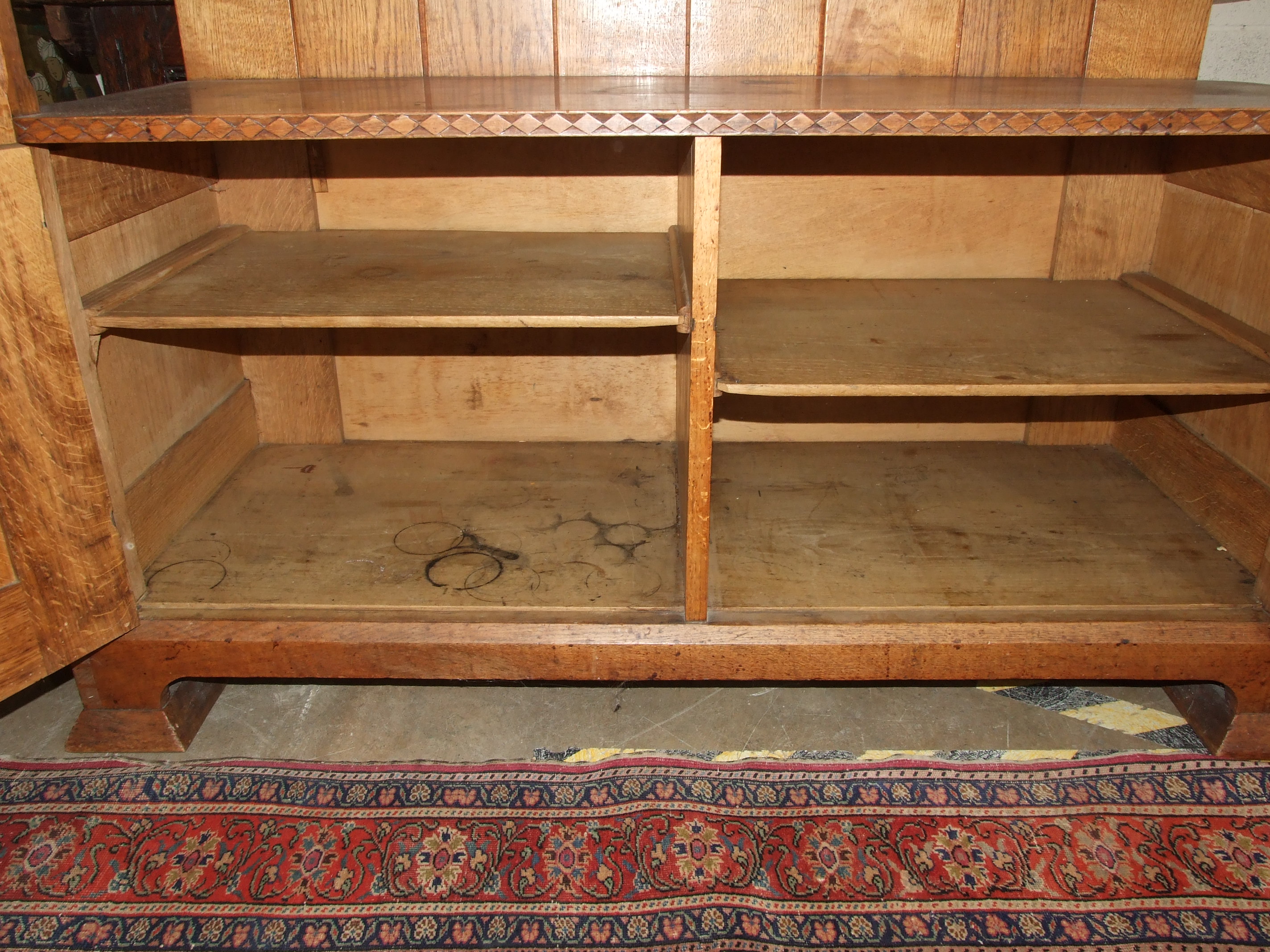 An early-20th century Arts & Crafts oak dining table, the plank top above a single frieze drawer, on - Image 8 of 10