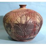 An antique Asian (Cambodian?) pottery compressed shaped jar with incised lattice and leaf