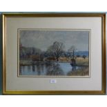 John Doyle RWS (b.1928) RIVER SCENE WITH CHURCH IN BACKGROUND Signed watercolour, 29 x 45cm,