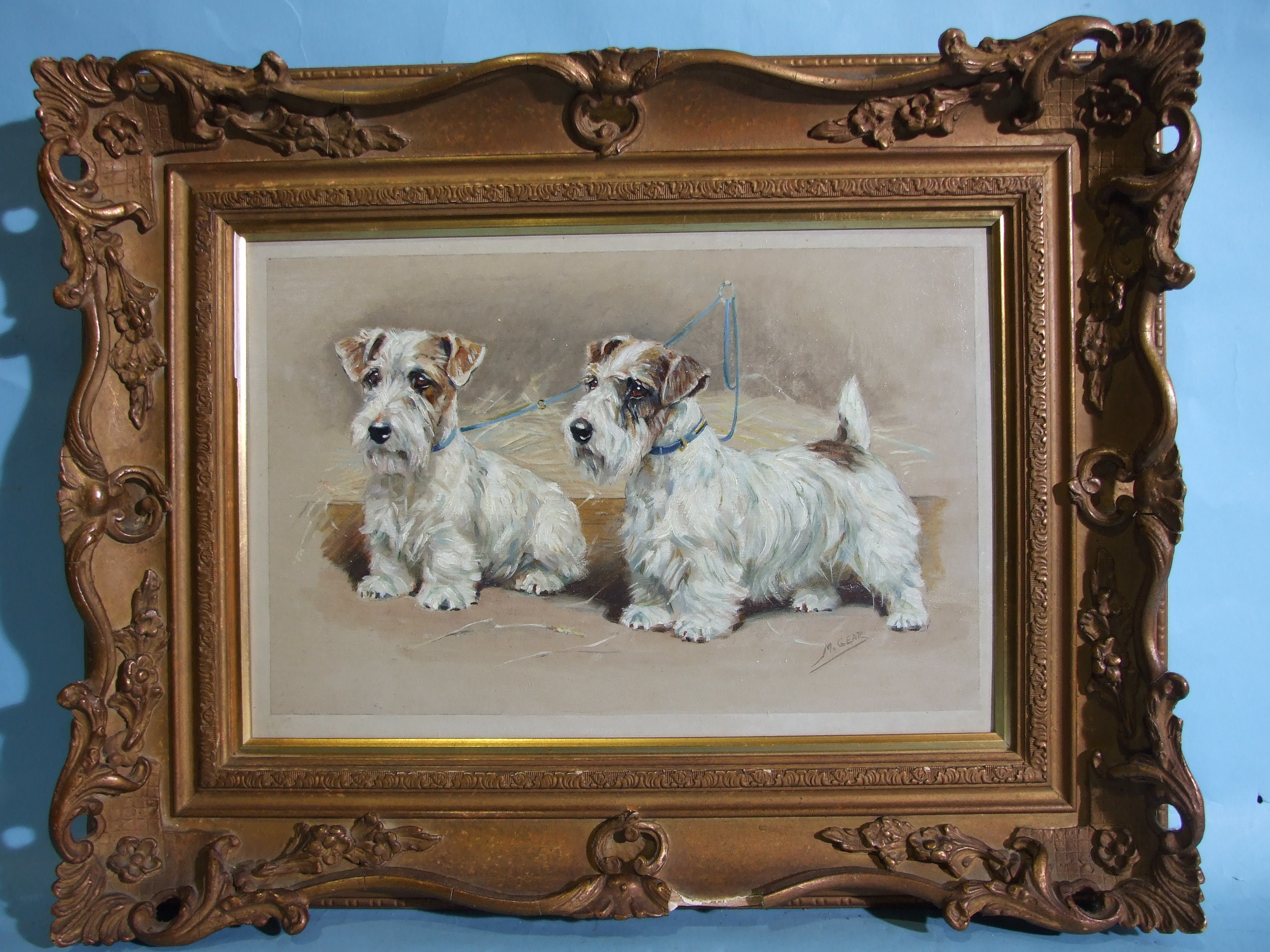 Mabel Gear (1898-1987) TWO SEALYHAM TERRIERS TETHERED IN A BARN Signed oil on board, 29 x 38cm. - Bild 4 aus 4