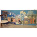 A large mid-20th century Persian hand-painted panoramic wall hanging depicting a prince and