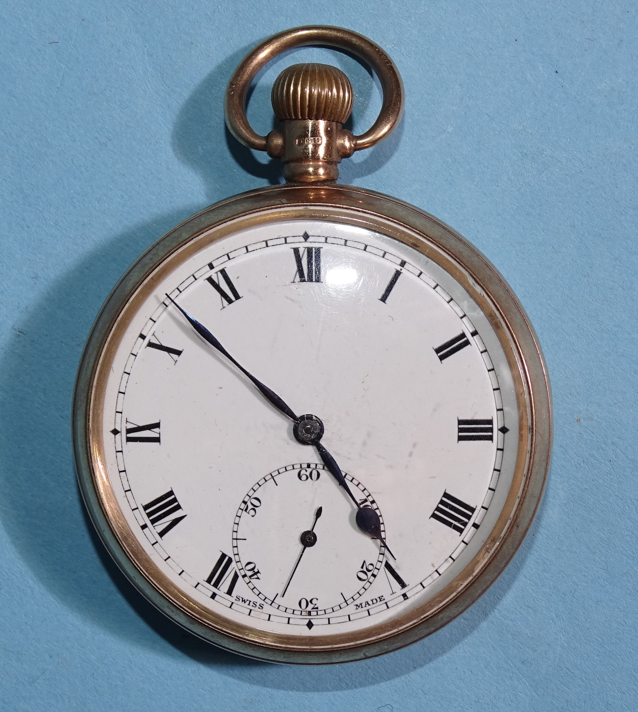 A 9ct gold open-face keyless pocket watch with white enamel dial, Roman numerals and seconds