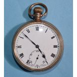 A 9ct gold open-face keyless pocket watch with white enamel dial, Roman numerals and seconds