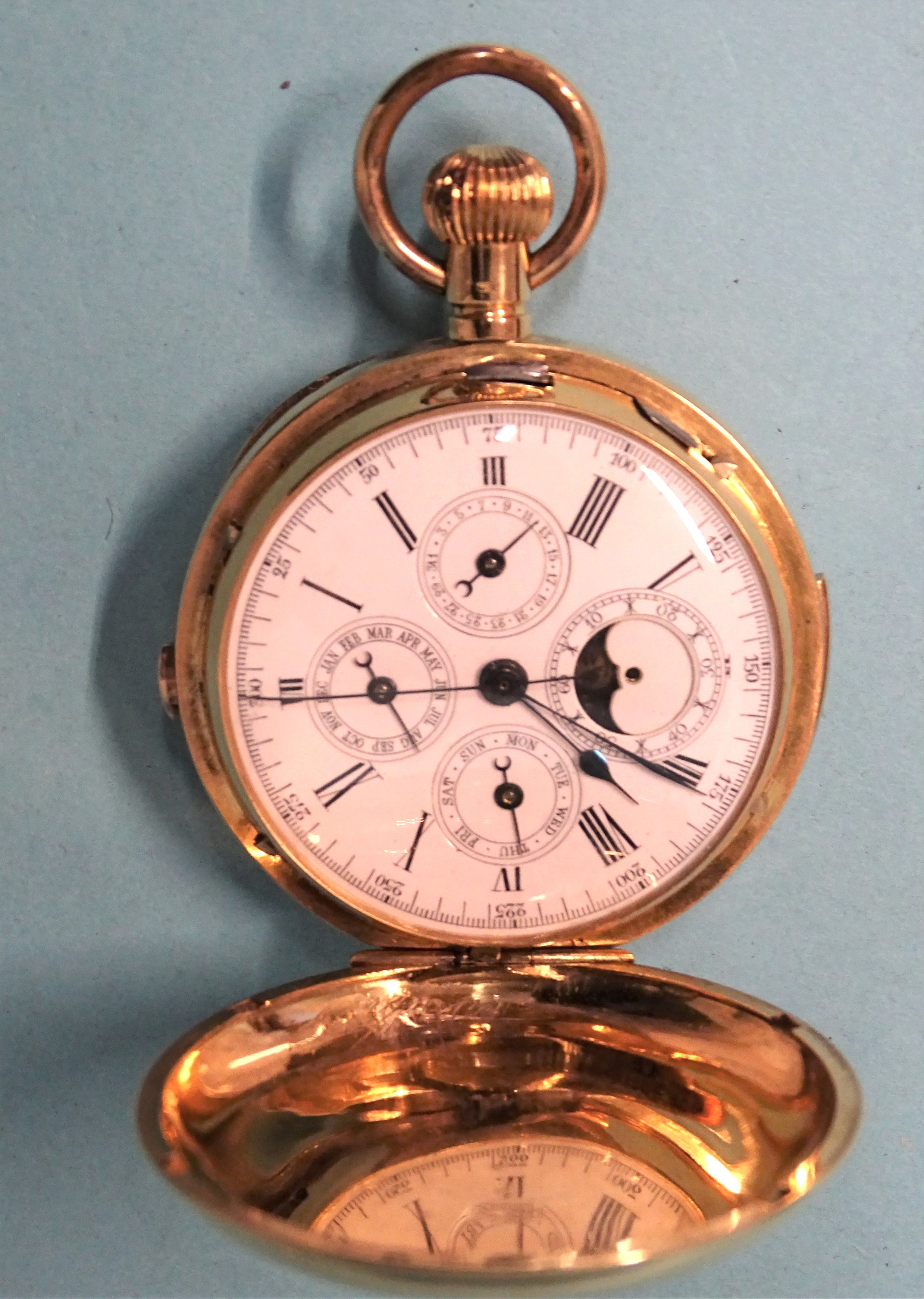 An 18ct gold hunter-cased repeater chronograph pocket watch, the white enamel dial with Roman
