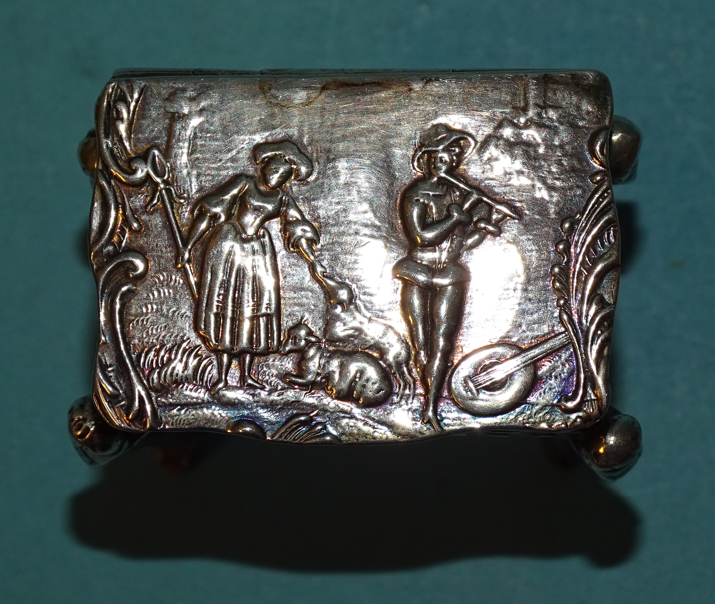 A Continental silver pill box in the form of a worktable, on cabriole legs, with embossed - Image 7 of 11