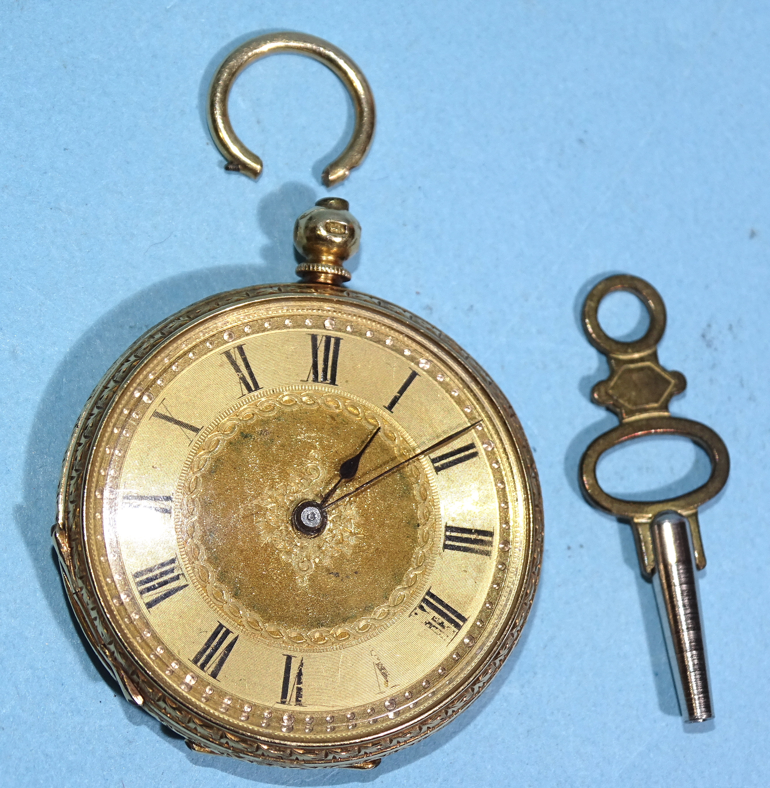 A lady's 18ct-gold-cased key-wind pocket watch, the engraved gold dial with Roman numerals, with - Bild 2 aus 3