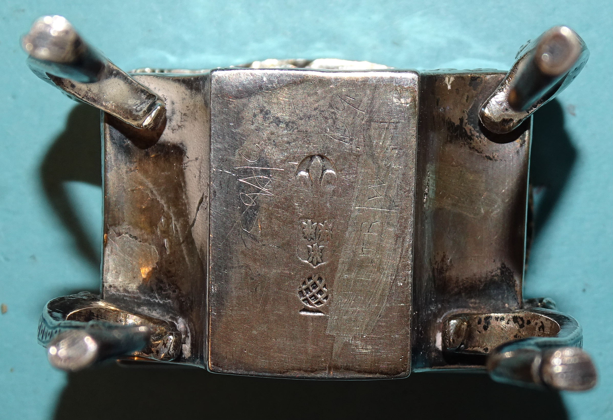 A Continental silver pill box in the form of a worktable, on cabriole legs, with embossed - Image 4 of 11