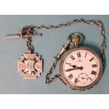 Omega, a steel-cased open face keyless pocket watch, the white enamel dial with Roman numerals and