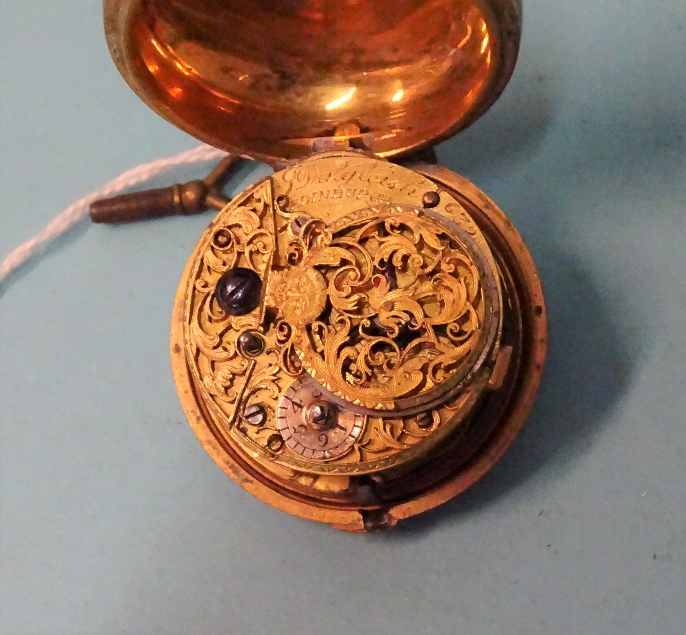 J Dalgleish, an 18th century gilt metal and leather-covered pair-cased verge pocket watch signed J - Image 4 of 4