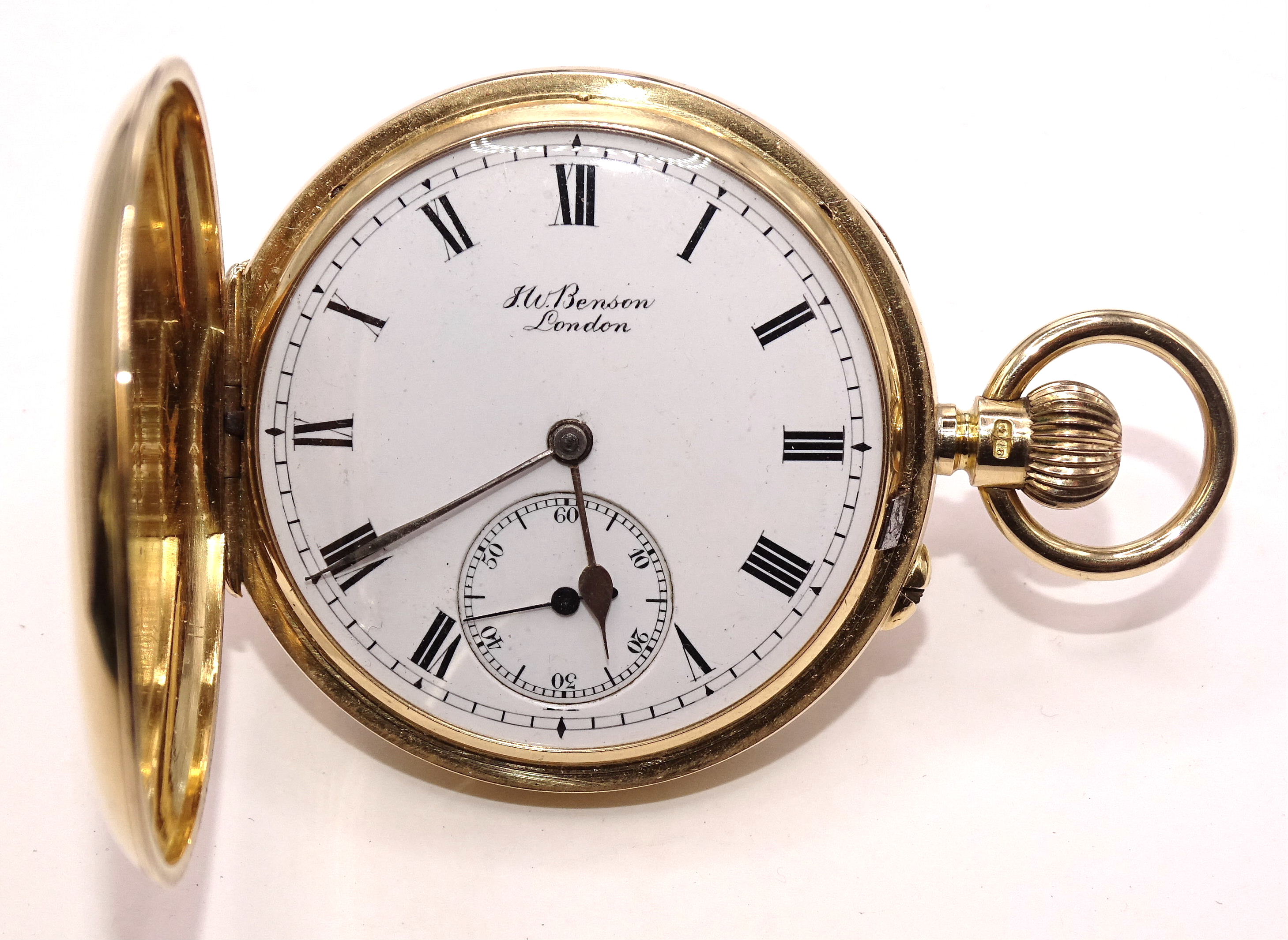 J W Benson, an 18ct gold hunter-cased keyless pocket watch, the white enamel dial with Roman