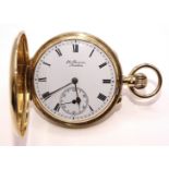 J W Benson, an 18ct gold hunter-cased keyless pocket watch, the white enamel dial with Roman