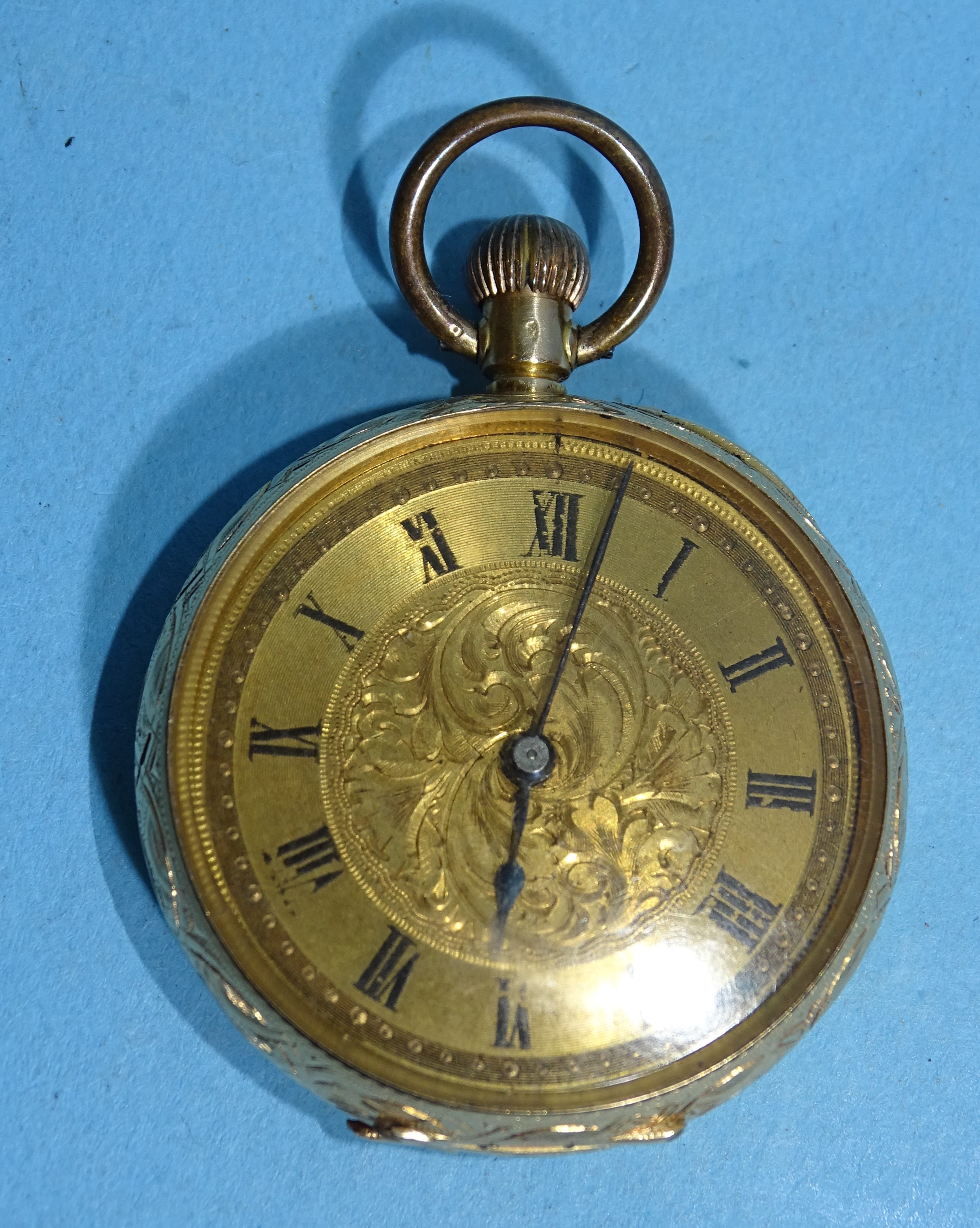 A lady's Continental 18k-gold-cased open-face keyless pocket watch, the engraved gilt face with