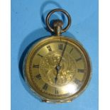 A lady's Continental 18k-gold-cased open-face keyless pocket watch, the engraved gilt face with