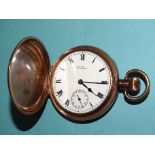 Waltham, a gold-plated hunter-cased keyless pocket watch, with white enamel dial, Roman numerals and