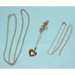 A 9ct gold heart-shaped pendant on chain, 46cm, 2.1g, a 9ct gold neck chain, 51cm, 4.1g and a 14ct