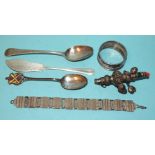 A silver baby's rattle with whistle, five balls, (two missing), Chester 1921 and other small silver,