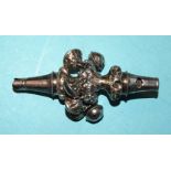 A Victorian silver baby's rattle with six bells and whistle, Birmingham 1872, (damaged, two bells