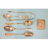 A pair of silver sugar tongs with cast decoration, London 1900, three rat-tailed teaspoons,