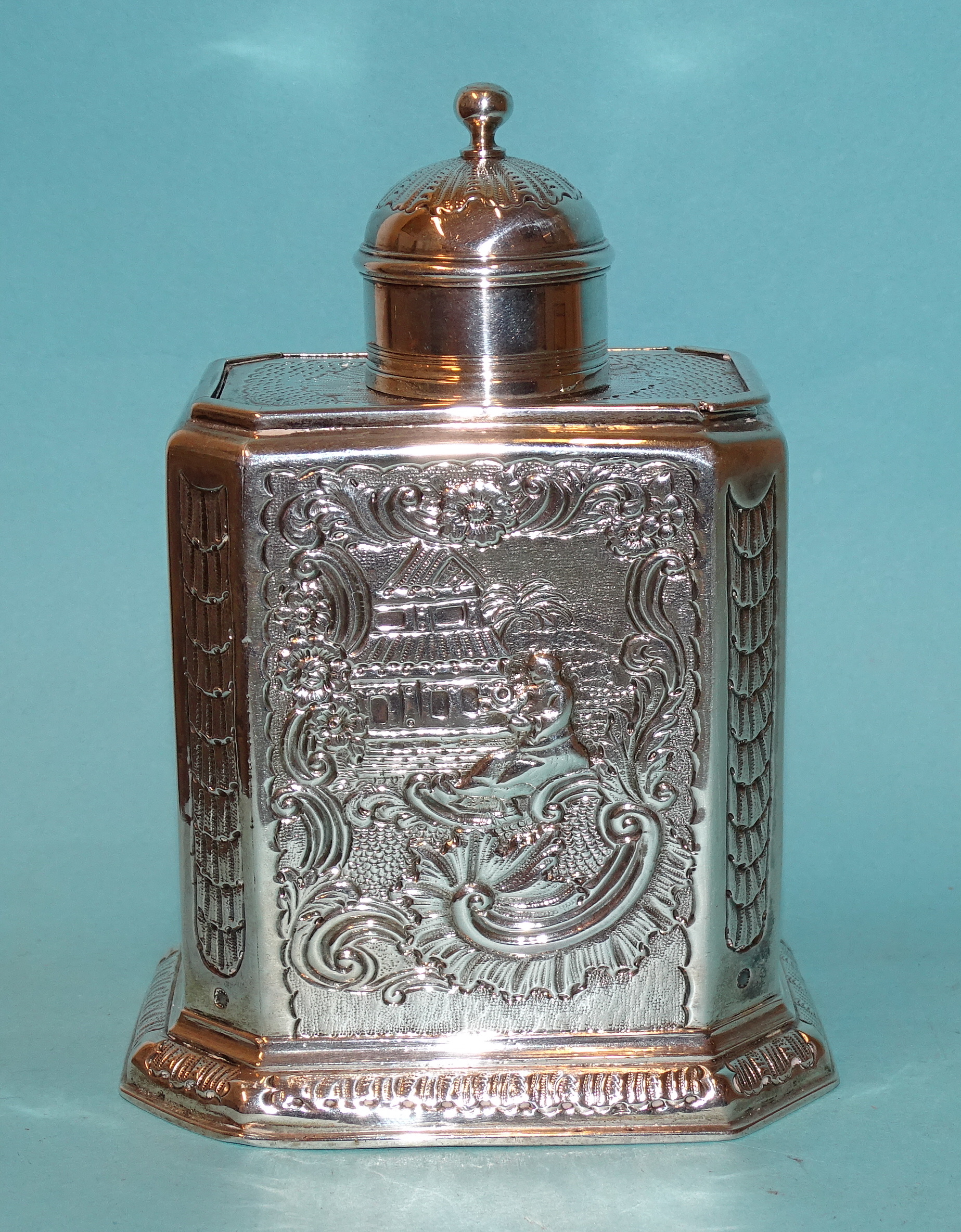 A George I silver tea caddy of upright rectangular form, with canted corners and later Rococo - Image 2 of 7