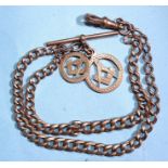 A 9ct rose gold Albert watch chain with two Masonic medallions, 30g.