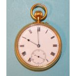 An 18ct gold-cased open face keyless pocket watch, the white enamel dial with Roman numerals and