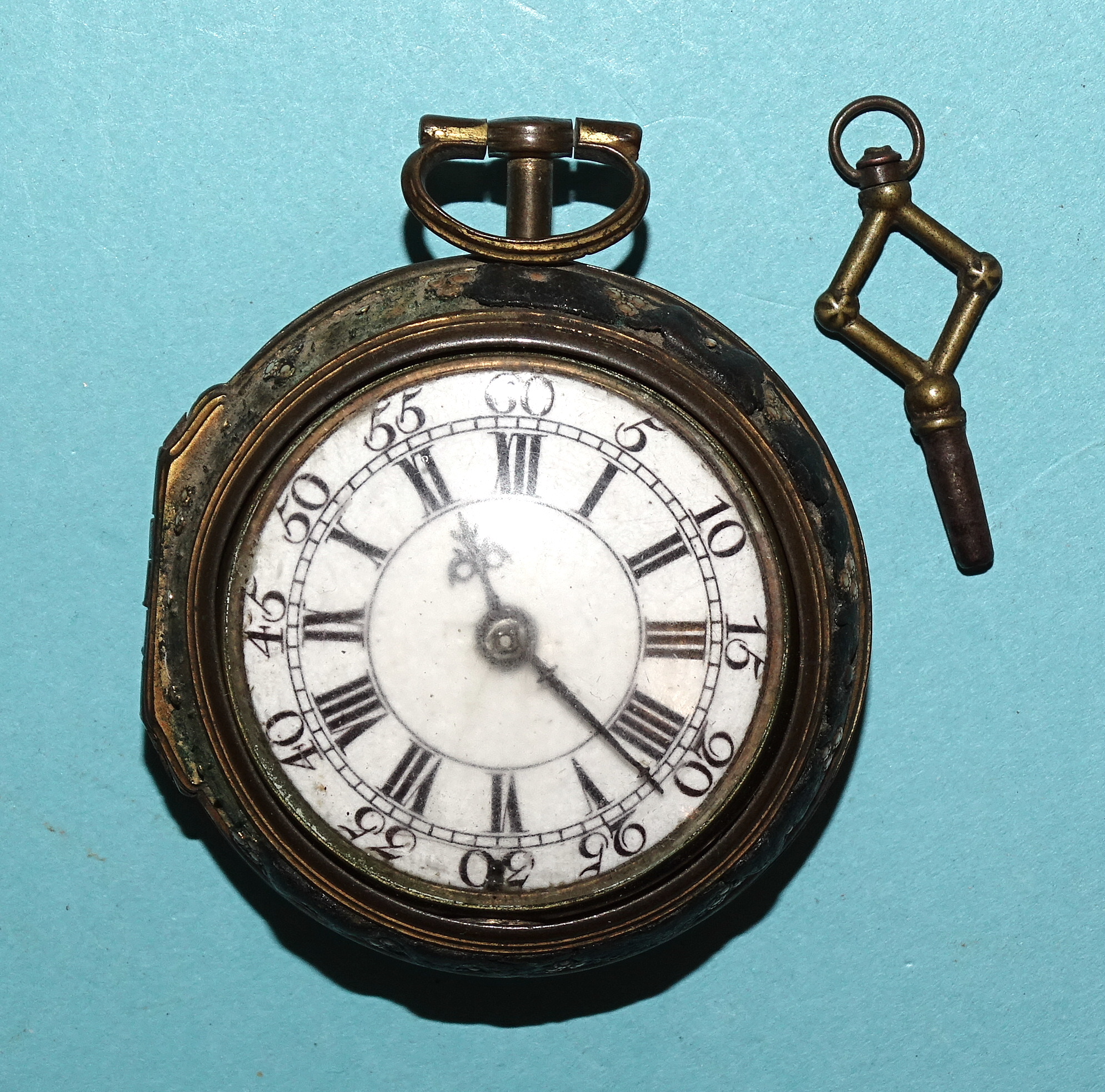 J Dalgleish, an 18th century gilt metal and leather-covered pair-cased verge pocket watch signed J - Image 2 of 4