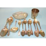 Seven white metal teaspoons and other small silver, ___10oz.